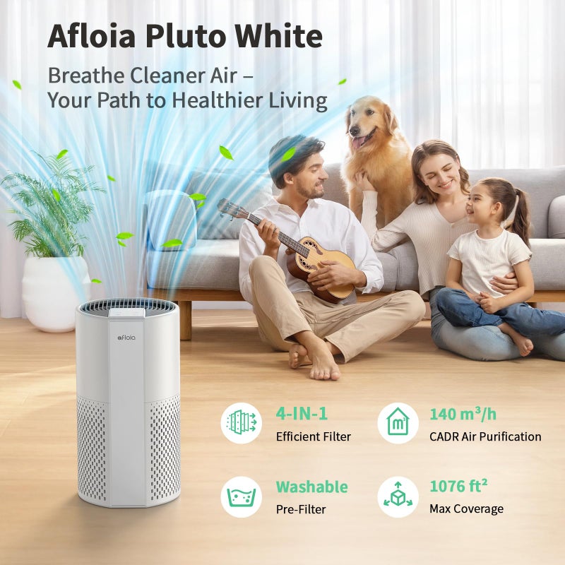 Afloia Air Purifier for Home, 4-in-1 Washable Filter for Allergies, Covers Up to 1076 ftÂ², Quiet Operation, Auto Shut-Off & Night Light, Removes Pet Dander, Pollen, Dust, Mold, and Smoke, White,Pluto - Image 2
