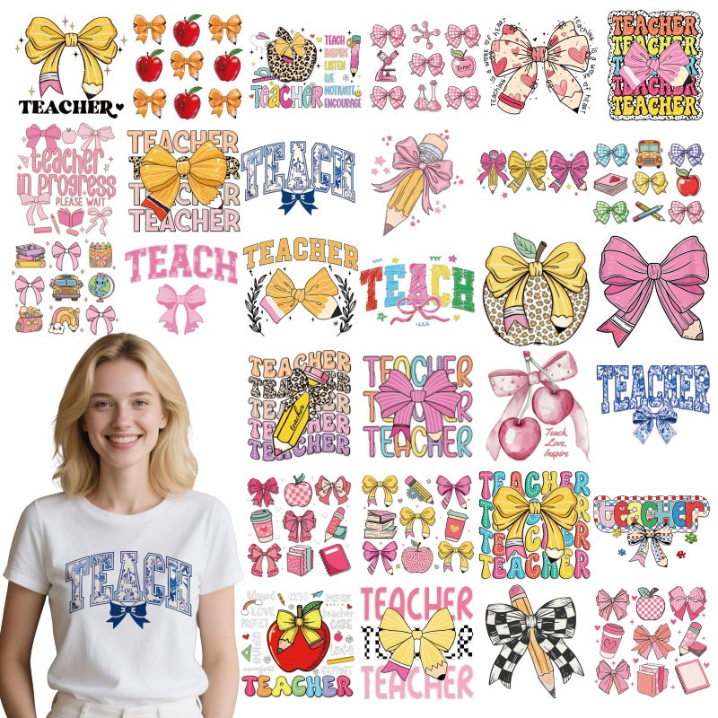 INCOK Teacher DTF Transfers Ready to Press - 30 PCS Iron on Transfers Stickers for Clothing Coquettee Iron on Vinyl Design for Back to School Fist Day of School Tshirts Bag Jackets Jeans DIY Craft - Image 1