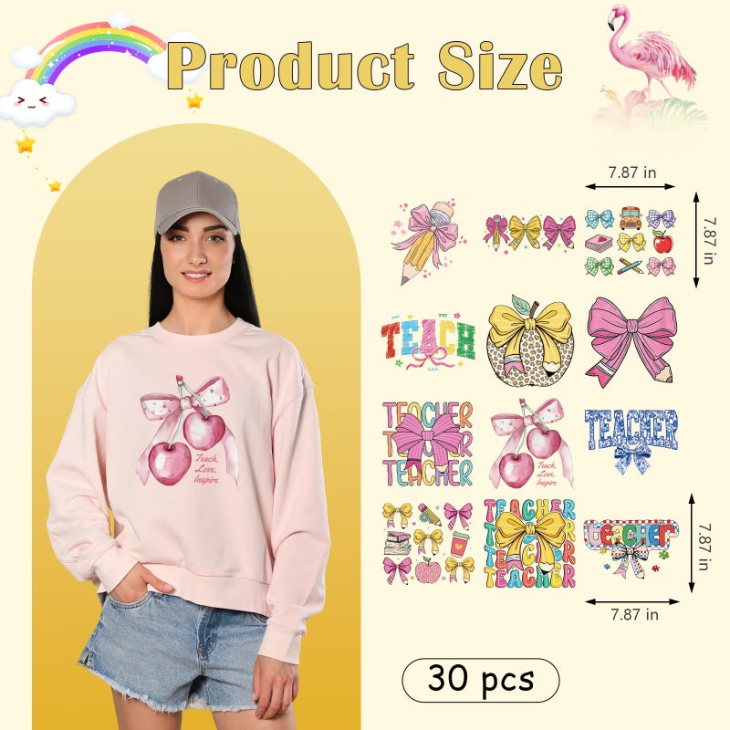 INCOK Teacher DTF Transfers Ready to Press - 30 PCS Iron on Transfers Stickers for Clothing Coquettee Iron on Vinyl Design for Back to School Fist Day of School Tshirts Bag Jackets Jeans DIY Craft - Image 5