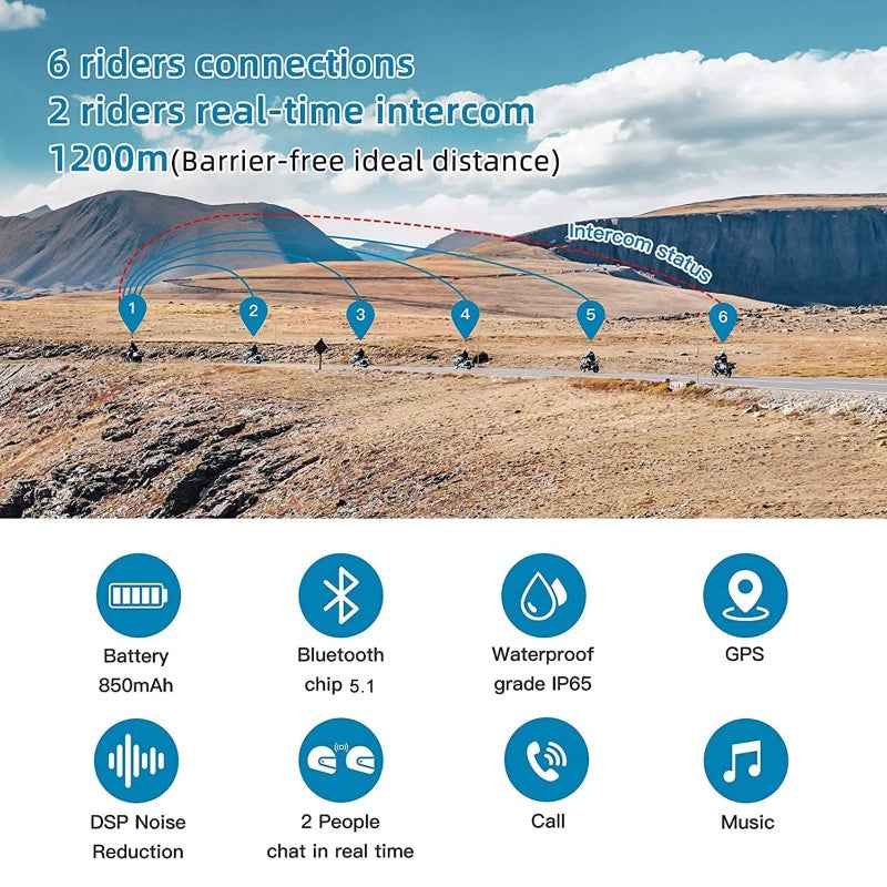 EJEAS V6 Motorcycle Bluetooth Headset, 2 Riders Motorcycle Intercom Helmet Communication System with Noise Reduction and Bluetooth 5.1 for Motorcycling Skiing and Climbing (2 Pack) - Image 2