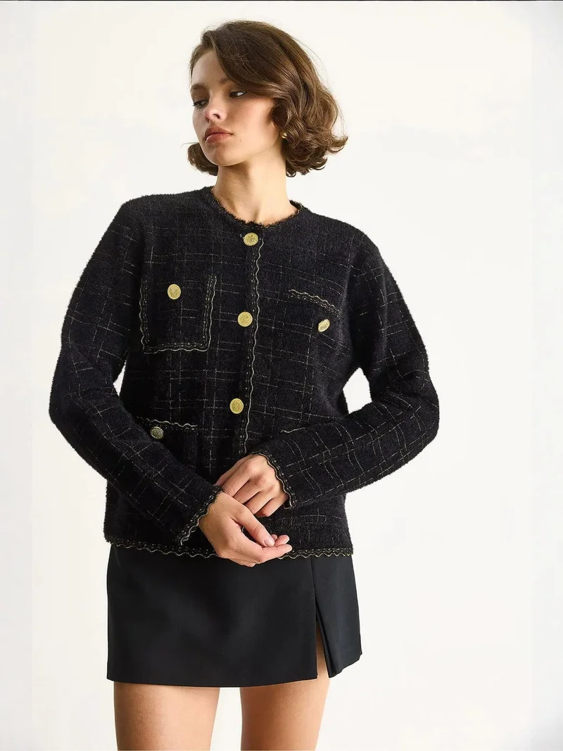 LUCCI Textured Jacquard Button-Up Cardigan