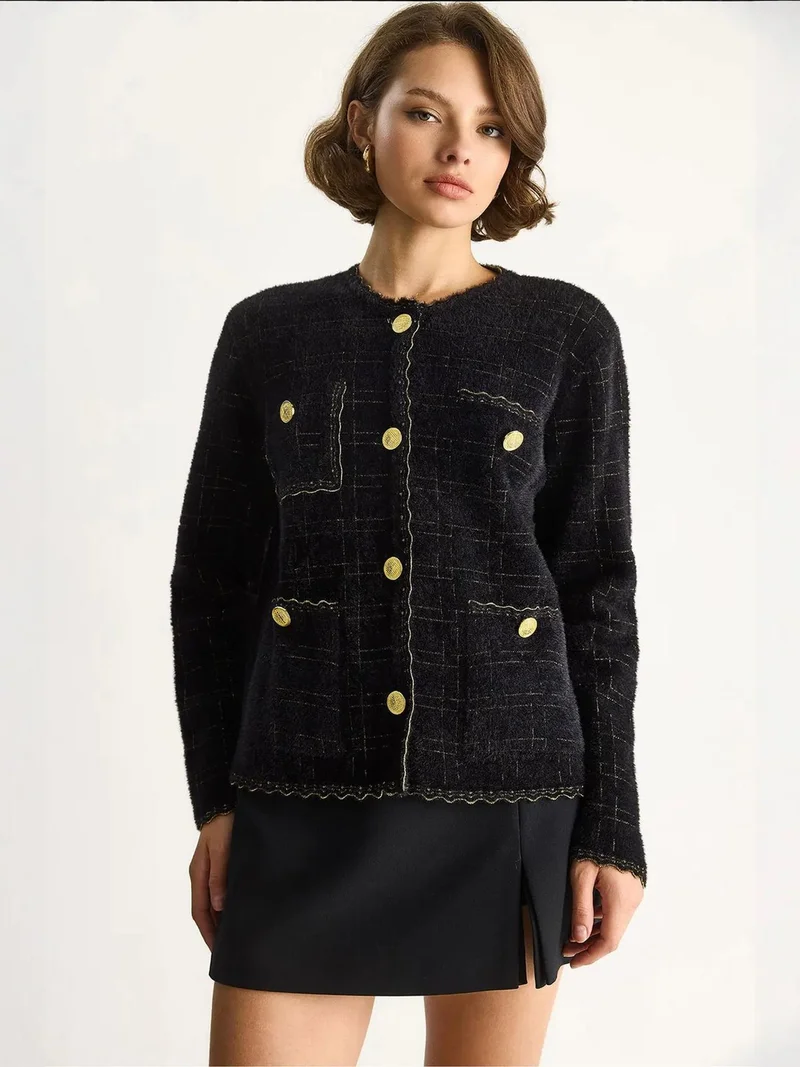 Bianco Lucci Black LUCCI Textured Jacquard Button-Up Cardigan for Women | Best Price UAE