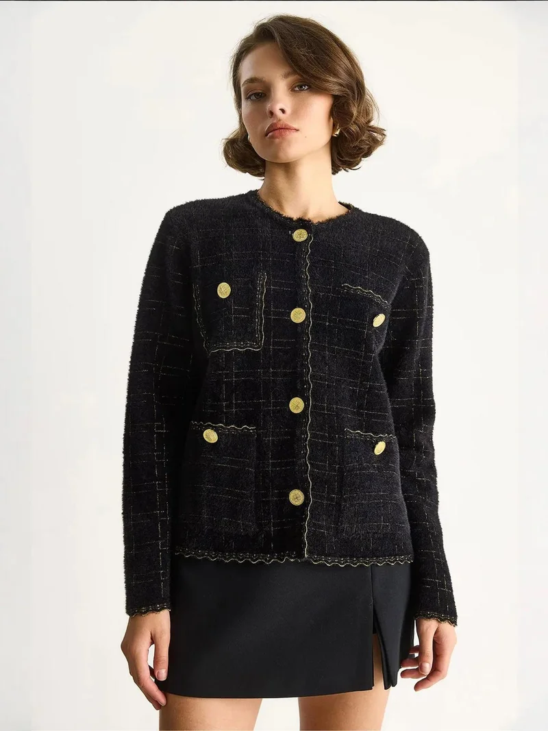 Bianco Lucci Black LUCCI Textured Jacquard Button-Up Cardigan for Women | Best Price UAE