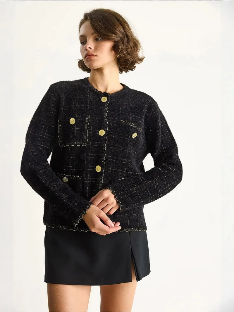 Bianco Lucci Black LUCCI Textured Jacquard Button-Up Cardigan for Women | Best Price UAE