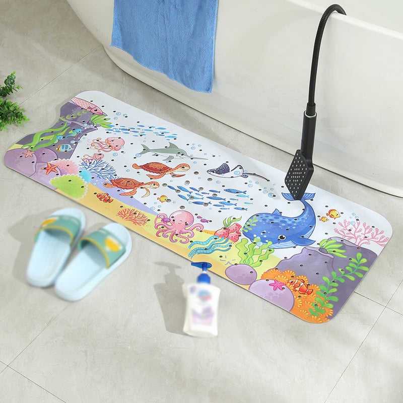 Non-Slip Bathtub Mat 40 X 16 Inch Multicolor: Strong Suction Cups Quick Drain Holes - Cartoon Undersea World Pattern Durable PVC Material - Machine Washable for Toddlers Kids Elderly Home Bath Use - Image 3