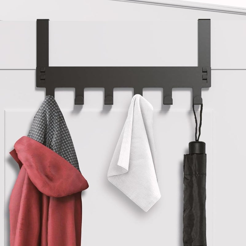 Appucoco Over The Door Hook Hanger Hanging Organizer Rack Steel Door Hook Hanger Wall Hook Rack 6 Hooks Black - Image 1