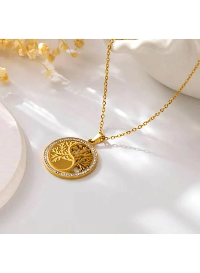 A gold-plated chain with a tree of life pendant, a circular pendant with a halo studded with crystal beads, yellow color with gold plating. - Image 1