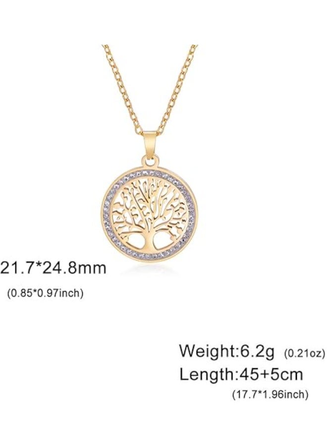 A gold-plated chain with a tree of life pendant, a circular pendant with a halo studded with crystal beads, yellow color with gold plating. - Image 2