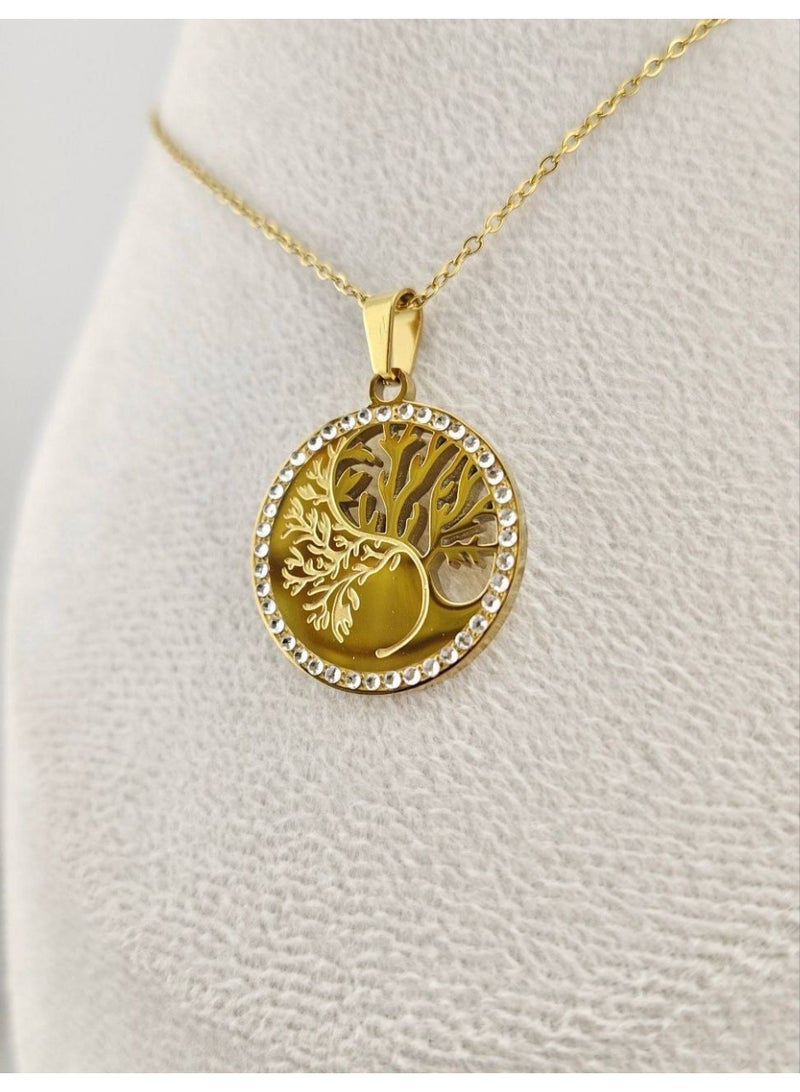 A gold-plated chain with a tree of life pendant, a circular pendant with a halo studded with crystal beads, yellow color with gold plating. - Image 3