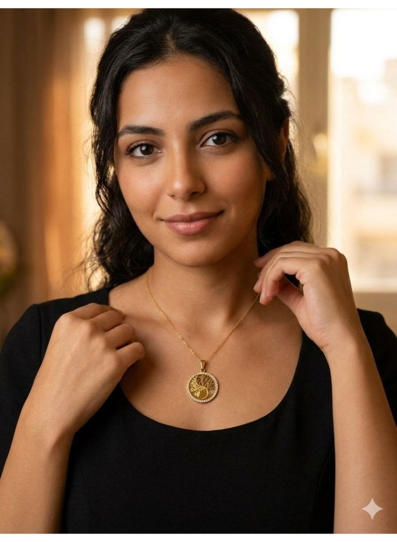 A gold-plated chain with a tree of life pendant, a circular pendant with a halo studded with crystal beads, yellow color with gold plating. - Image 4