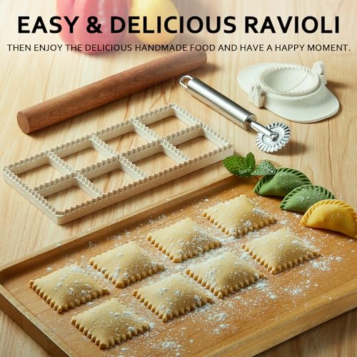 MUMSUNG Ravioli Maker Press, Ravioli Press Mold Set - 1.85" Squares Ravioli Stamp Maker Cutter with Wood Rolling Pin, 2.6" Empanada Maker Press Kit and Ravioli Wheel, Makes 8 Ravioli - Image 5