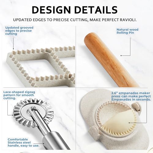 MUMSUNG Ravioli Maker Press, Ravioli Press Mold Set - 1.85" Squares Ravioli Stamp Maker Cutter with Wood Rolling Pin, 2.6" Empanada Maker Press Kit and Ravioli Wheel, Makes 8 Ravioli - Image 4