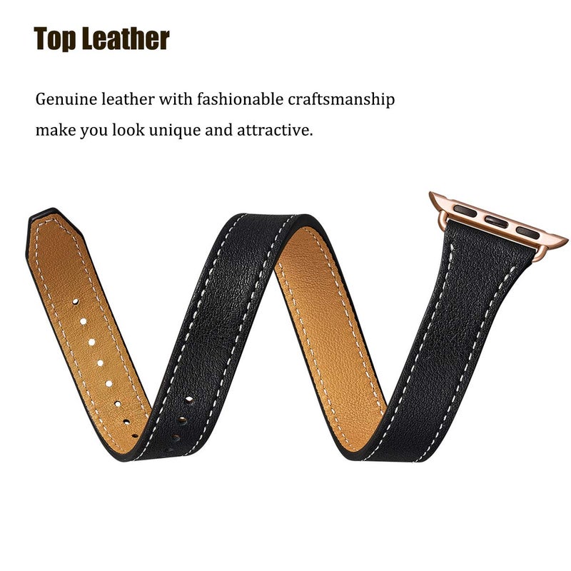 Bestig Compatible with Apple Watch Band 38mm 40mm 41mm 42mm(Series 10) for Women Men, Genuine Leather Double Tour Designed Slim Wrap Strap for iWatch SE Series 9 8 7 6 5 4 3 2 1 (Black+Rose Gold) - Image 5