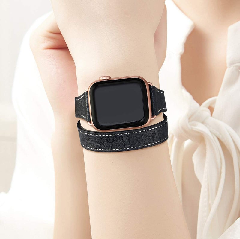 Bestig Compatible with Apple Watch Band 38mm 40mm 41mm 42mm(Series 10) for Women Men, Genuine Leather Double Tour Designed Slim Wrap Strap for iWatch SE Series 9 8 7 6 5 4 3 2 1 (Black+Rose Gold) - Image 4