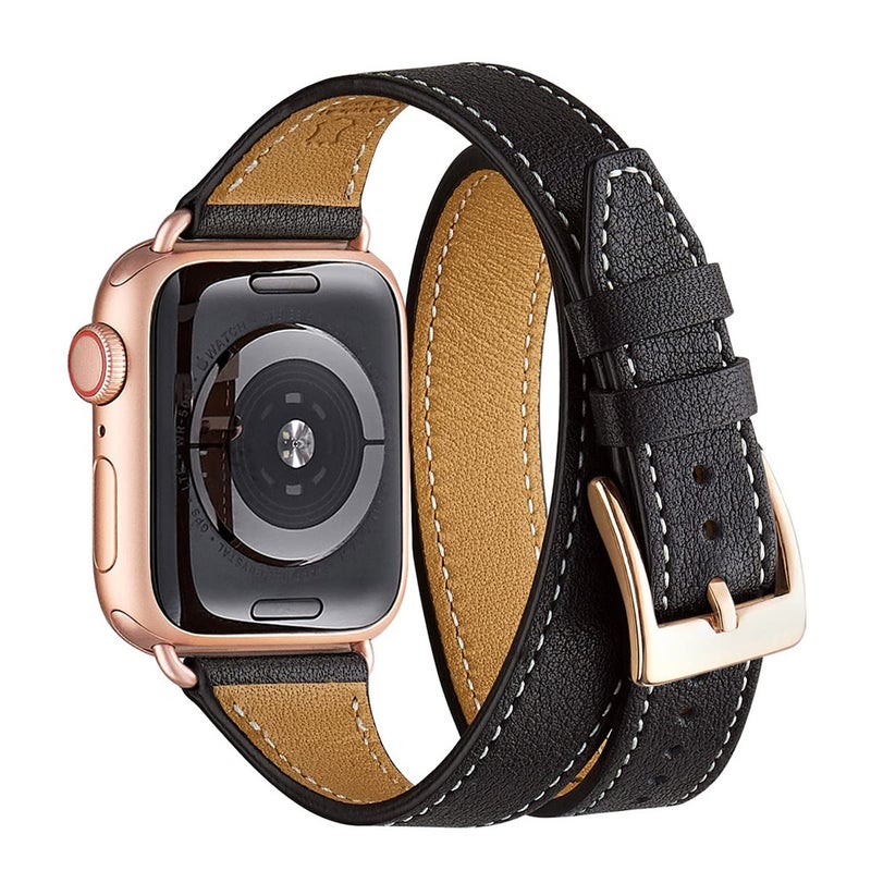 Bestig Compatible with Apple Watch Band 38mm 40mm 41mm 42mm(Series 10) for Women Men, Genuine Leather Double Tour Designed Slim Wrap Strap for iWatch SE Series 9 8 7 6 5 4 3 2 1 (Black+Rose Gold) - Image 1