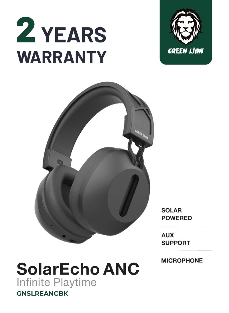 GREEN LION SolarEcho ANC Wireless Headphones with 20Hrs Play Time/ Microphone / Aux Support / Music / Movies - Black - Image 1