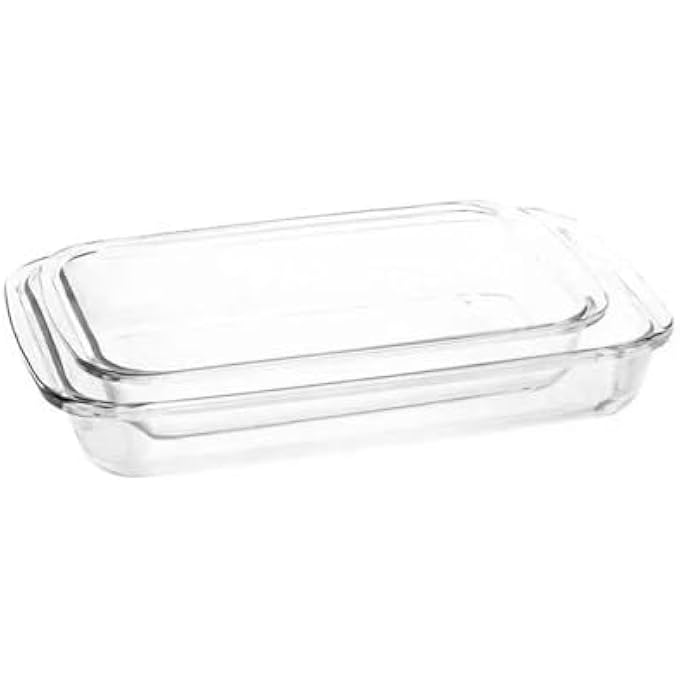 مارينكس طقم تحميص مستطيل زجاجي من قطعتين، سعة 22 لترًا و29 لترًا، أطباق خبز متينة مقاومة للحرارة، شفافة، آمنة للاستخدام في الفرن، تحميص، ميكروويف، فريزر، غسالة أطباق، مثالية للطواجن واللازانيا واللحوم. - Image 3