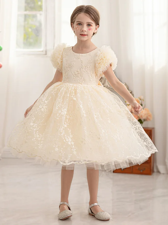 Take Two Girls Floral Mesh All Lace Bow Detail Party Dress