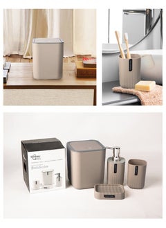 DUNISO 4 pieces of Bathroom accessories set, Home Bath Supplies set, plastic wave pattern toiletries set, with lotion bottle, desktop trash can, mouthwash cup, soap tray (beige)  - Image 5