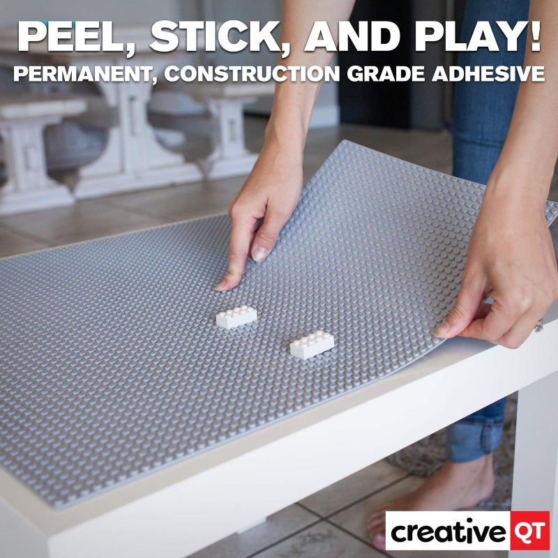 Creative QT Peel-and-Stick Building Baseplates - 4-Pack 10 x 10 in Gray Adhesive Brick Baseplates for Building Toy Brick & Block Play on Tables & Walls - Stackable Creative Building Toy Pack - Image 3
