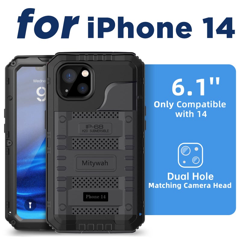 Mitywah Waterproof Case for iPhone 14, Heavy Duty Shockproof Case with Built-in Screen Protector, Full Body Underwater Protective Metal Case 6.1 inch, Black - Image 2