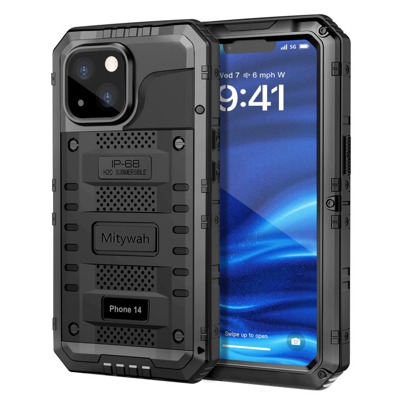 Mitywah Waterproof Case for iPhone 14, Heavy Duty Shockproof Case with Built-in Screen Protector, Full Body Underwater Protective Metal Case 6.1 inch, Black - Image 1