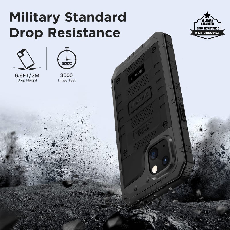 Mitywah Waterproof Case for iPhone 14, Heavy Duty Shockproof Case with Built-in Screen Protector, Full Body Underwater Protective Metal Case 6.1 inch, Black - Image 3