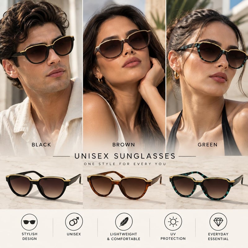 Unisex Oval Sunglasses, Green Tortoise Frame, Brown Gradient Lenses - Image 3