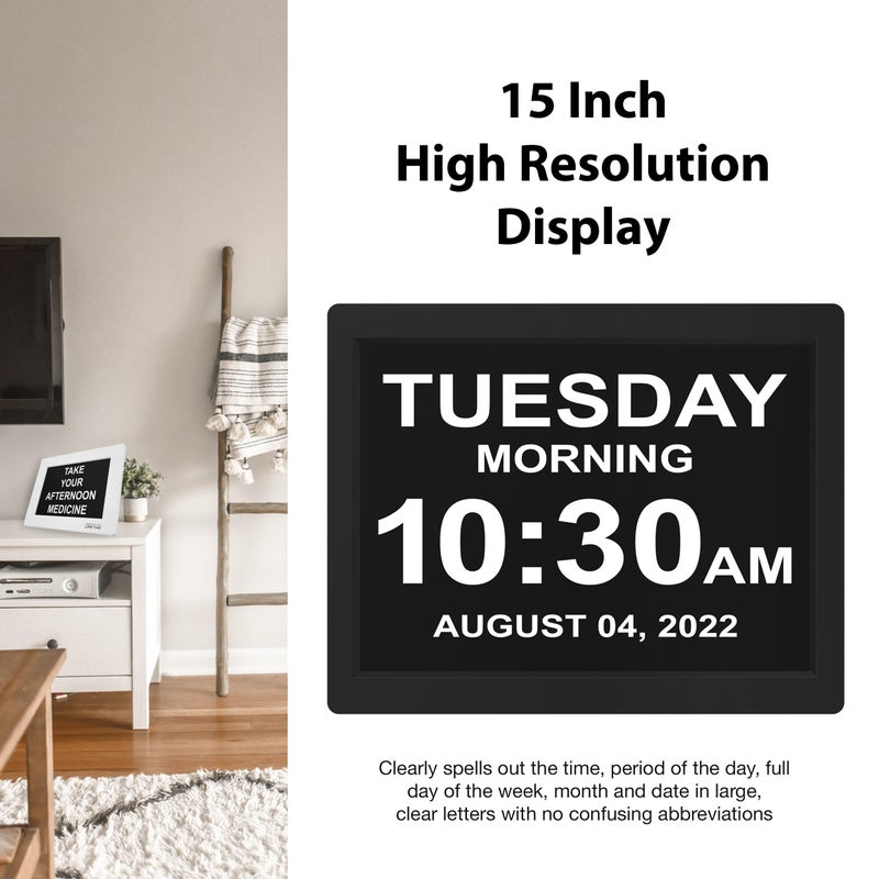 American Lifetime ?New 2024 Dementia Clock Large Digital Clock for Seniors  Digital Clock Large Display  Custom Alarms  Clock with Day & Date for Elderly  Large Number Digital Clock Black  15 Inch - Image 5