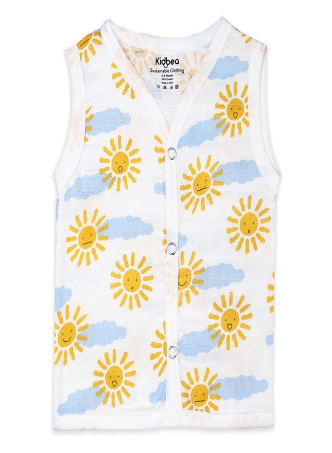 Kidbea Organic Cotton Muslin Button Jhabla | White Jhabla | for Boys & Girls | Summer Wear Jabala | Comfortable Baby Products | Sleeveless Vest | Assorted Pack of 2 With Multi Color & Size 3-6M - Image 2