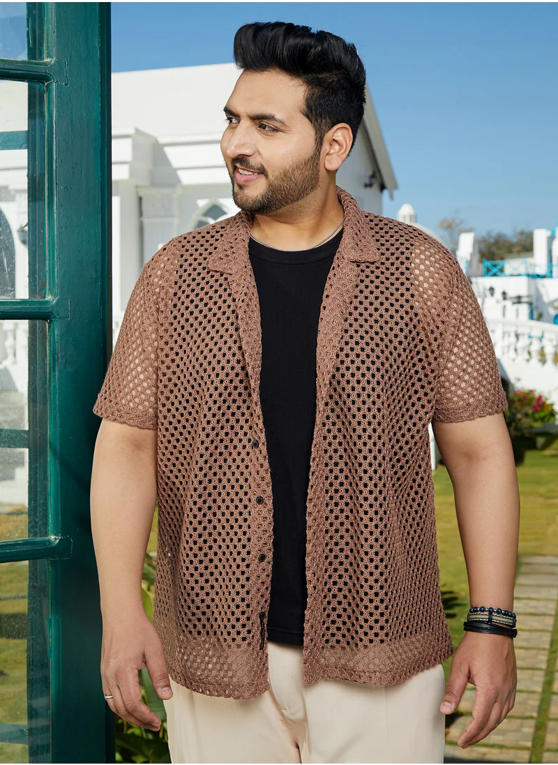 انستافاب بلس Instafab Plus Men's Camel Brown Open-Knit Resort Shirt For Casual Wear | Cuban Collar | Short Regular Sleeves | Button Closure | Plus Size Shirt Crafted With Comfort Fit For Everyday Wear