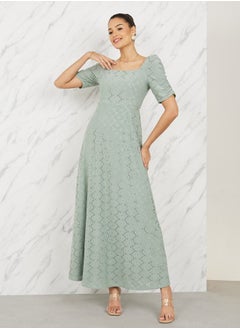Broderie Puff Sleeves A-Line Maxi Dress