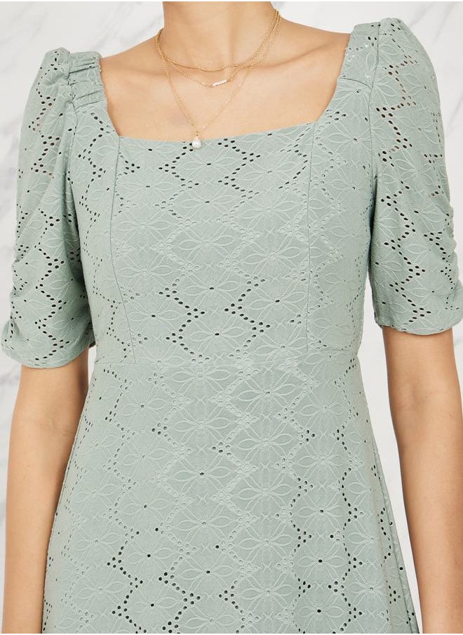 Styli - Broderie Puff Sleeves A-Line Maxi Dress - Image 1