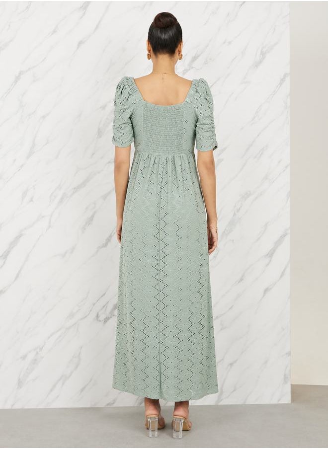 Styli - Broderie Puff Sleeves A-Line Maxi Dress - Image 1