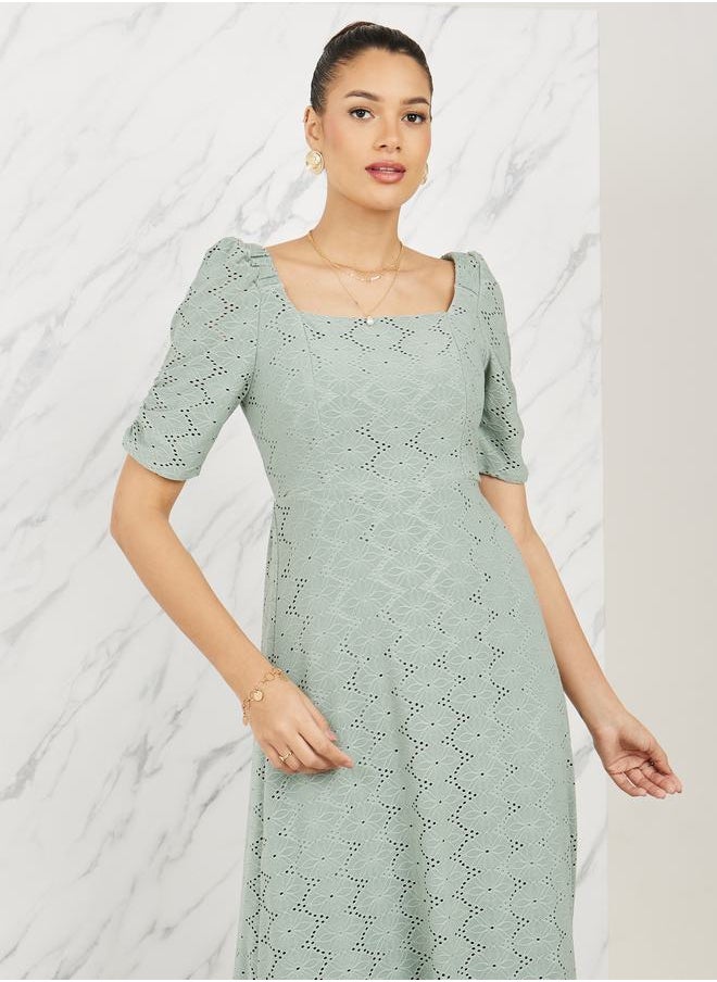 Styli - Broderie Puff Sleeves A-Line Maxi Dress - Image 1