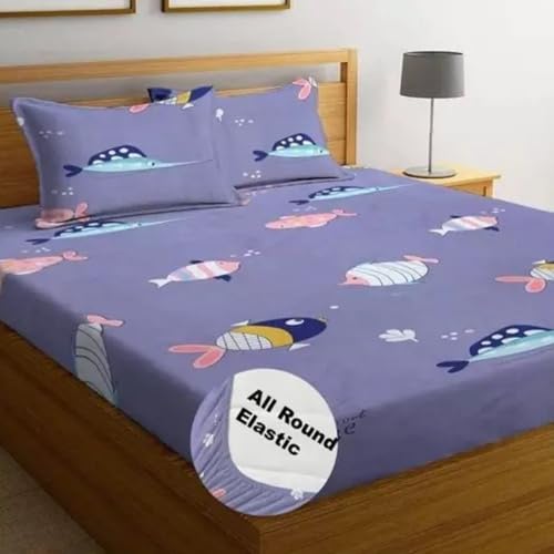Purav Light Glace Cotton Fitted Elastic Double Bed Bedsheet| Cartoon Printed Cotton Bedsheet with 2 Pillow Cover for King Size Bed|Supersoft 340 TC|Breathable|Wrinklefree|Size: 72x78 inch, Purple-Blue - Image 1