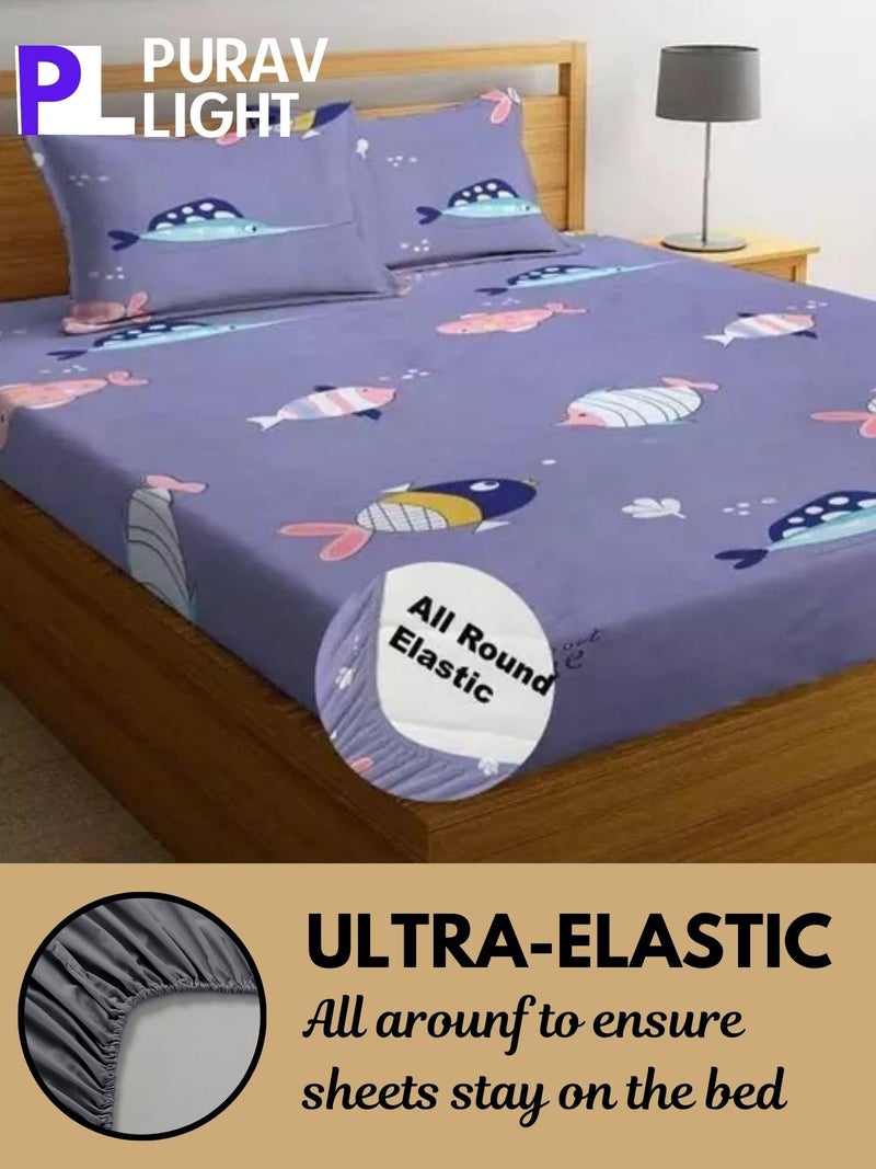 Purav Light Glace Cotton Fitted Elastic Double Bed Bedsheet| Cartoon Printed Cotton Bedsheet with 2 Pillow Cover for King Size Bed|Supersoft 340 TC|Breathable|Wrinklefree|Size: 72x78 inch, Purple-Blue - Image 2