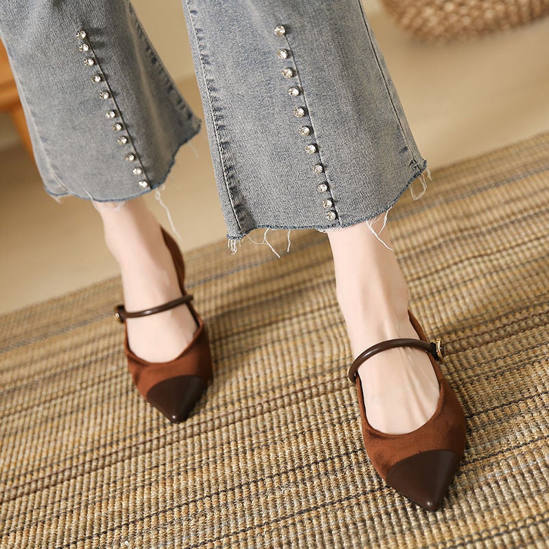 Chanel Style Single-Layer Shoes Women'S Temperament Ol Shallow Mouth Single-Layer Shoes One-Character Buckle Color Matching Suede All-Match Vintage Mary Jane Shoes - Image 3