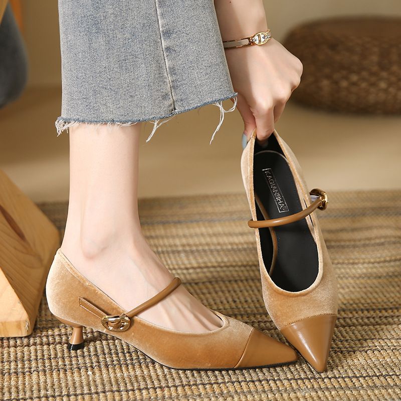 Chanel Style Single-Layer Shoes Women'S Temperament Ol Shallow Mouth Single-Layer Shoes One-Character Buckle Color Matching Suede All-Match Vintage Mary Jane Shoes - Image 2
