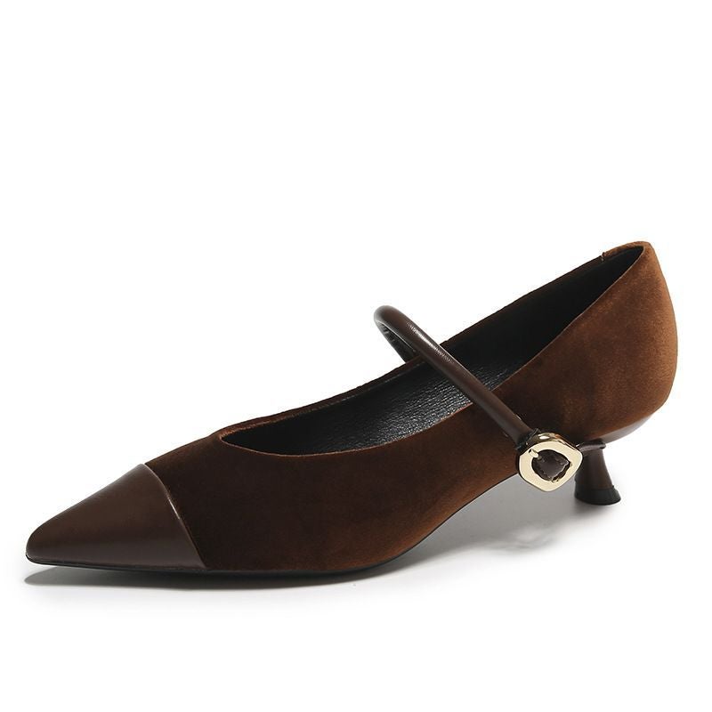 Chanel Style Single-Layer Shoes Women'S Temperament Ol Shallow Mouth Single-Layer Shoes One-Character Buckle Color Matching Suede All-Match Vintage Mary Jane Shoes - Image 1