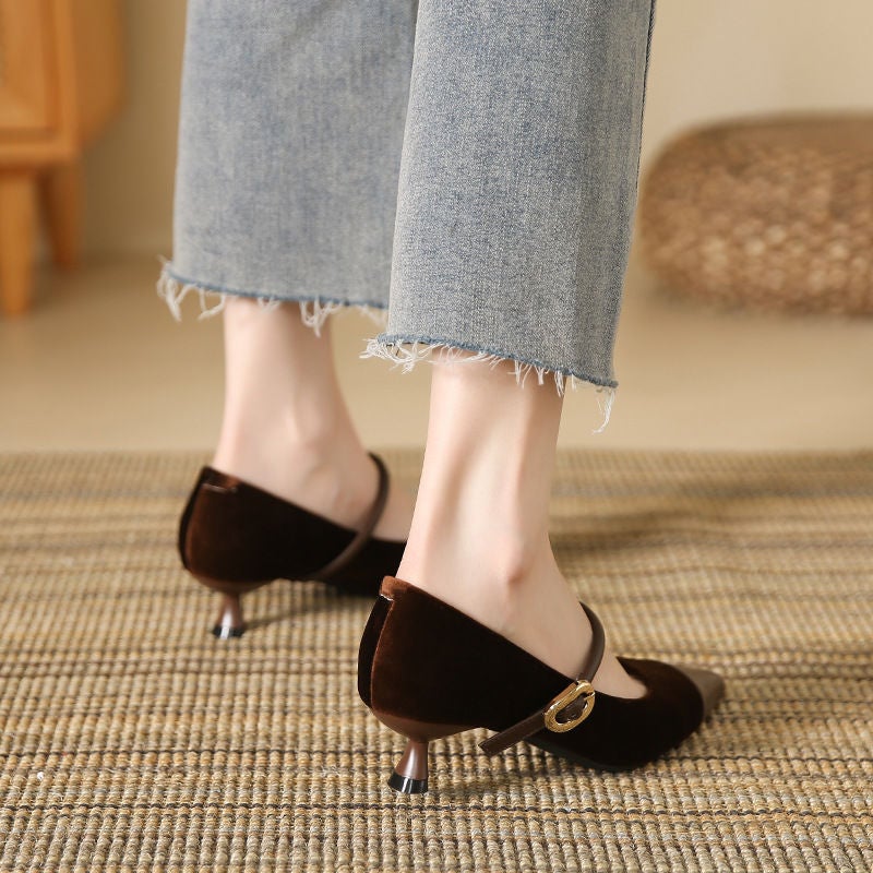 Chanel Style Single-Layer Shoes Women'S Temperament Ol Shallow Mouth Single-Layer Shoes One-Character Buckle Color Matching Suede All-Match Vintage Mary Jane Shoes - Image 5