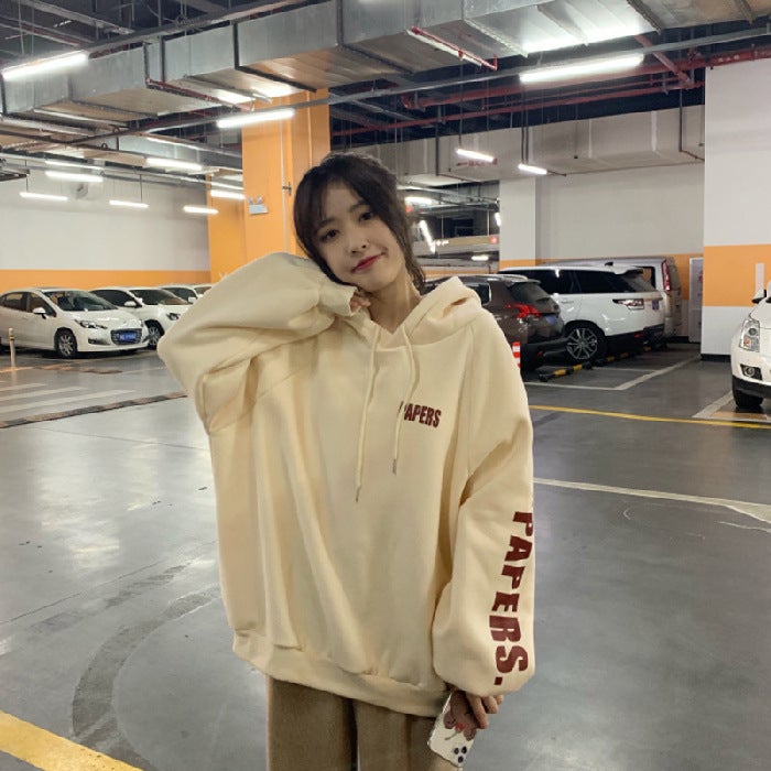 Coat Womens Fashion 2023 Autumn and Winter New Korean Style Academy Style Loose fleece-lined Hooded Long Sleeve Sweatshirt Womens Foreign Trade Apricot - Image 1