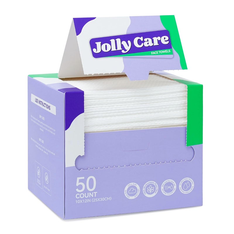 Jolly Care Disposable Face Towels 1012 XL Face Towelette Disposable Soft Makeup Remover Dry Wipes Thick Facial Tissue for Women Cleansing Skin Care 50 Count 1 Pack