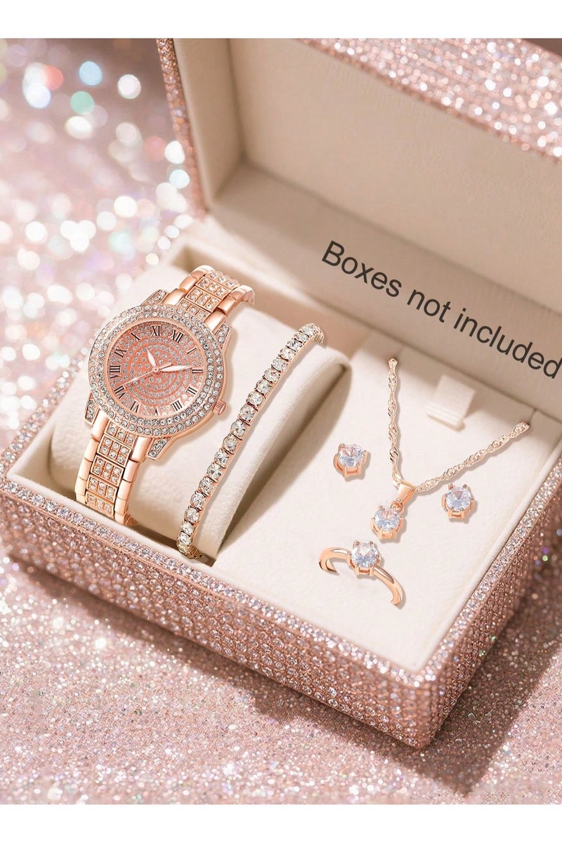 اكسسوار نسائي فاخر مجموعه من 5  قطع تحتوي على ساعه نسائيه ، سوار ، سلسال, اقراط  و خاتم  باللون الوردي الذهبي تصميم عصري  مجموعه مقاومه للصدا مناسبه لتقديمها كهديه لم تحب ، هديه تخرج ، هدايا اعياد ميلاد و لجميع المناسبات الخاصه بدون علبه - Image 1