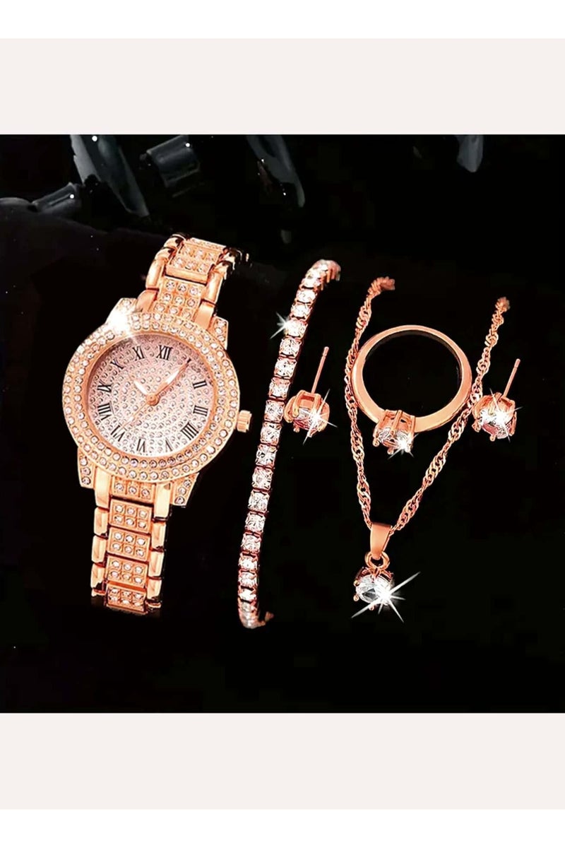 اكسسوار نسائي فاخر مجموعه من 5  قطع تحتوي على ساعه نسائيه ، سوار ، سلسال, اقراط  و خاتم  باللون الوردي الذهبي تصميم عصري  مجموعه مقاومه للصدا مناسبه لتقديمها كهديه لم تحب ، هديه تخرج ، هدايا اعياد ميلاد و لجميع المناسبات الخاصه بدون علبه - Image 2