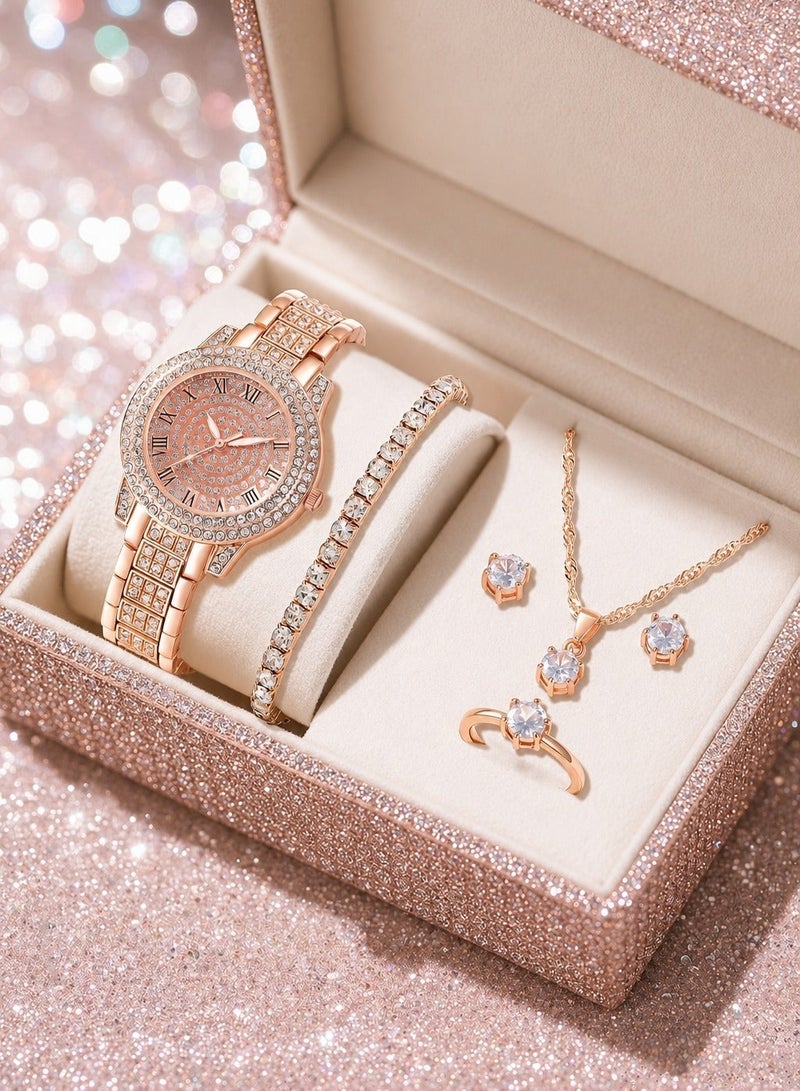 Luxury Women's Accessory Set – 5 Pieces Including a Stylish Rose Gold Watch, Bracelet, Necklace, Earrings, and Ring – Modern Design with Rust-Resistant Finish – Ideal Gift for Loved Ones, Graduation Gifts, Birthday Surprises, and All Special Occasions – Box Not Included. - Image 1