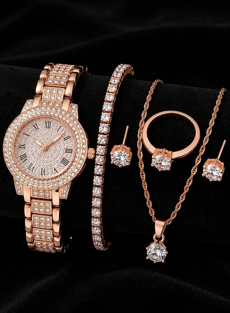 Luxury Women's Accessory Set – 5 Pieces Including a Stylish Rose Gold Watch, Bracelet, Necklace, Earrings, and Ring – Modern Design with Rust-Resistant Finish – Ideal Gift for Loved Ones, Graduation Gifts, Birthday Surprises, and All Special Occasions – Box Not Included. - Image 2