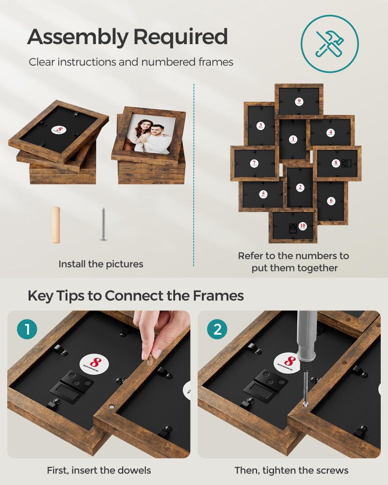 SONGMICS 4x6 Collage Picture Frames for Wall Decor, 10 Pack Family Photo Collage Frame Set for Gallery, Glass Front, Assembly Required, Rustic Brown URPF020X02 - Image 3