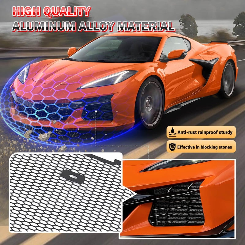 BILLFARO 3Pcs Black Upgraded Front Radiator Guards Grille,Aluminum Body Bumper OEM Style Front Outer Grill Guard Protection Screens Grille Vents Insert Mesh Set for Corvette C8 Z06 2023+/E-Ray 2024+ - Image 4
