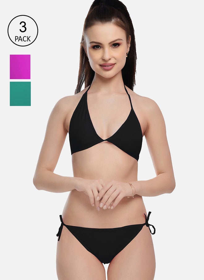 FIMS Women Black & Purple Pack Of 3 Solid Bikini Set - Image 1